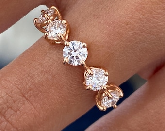 1.20 Carat Lab-Grown Diamond Stackable Ring in Solid 14K Rose Gold, E/VVS2 Round Cut, 5 Stone Half Eternity Ring, Gift for Her