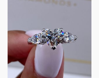 14k White Gold Engagement Ring, 1.80 Ct IGI Certified E/VVS2 Heart Lab Grown Diamond Engagement Ring, Pear Cut Side Diamond