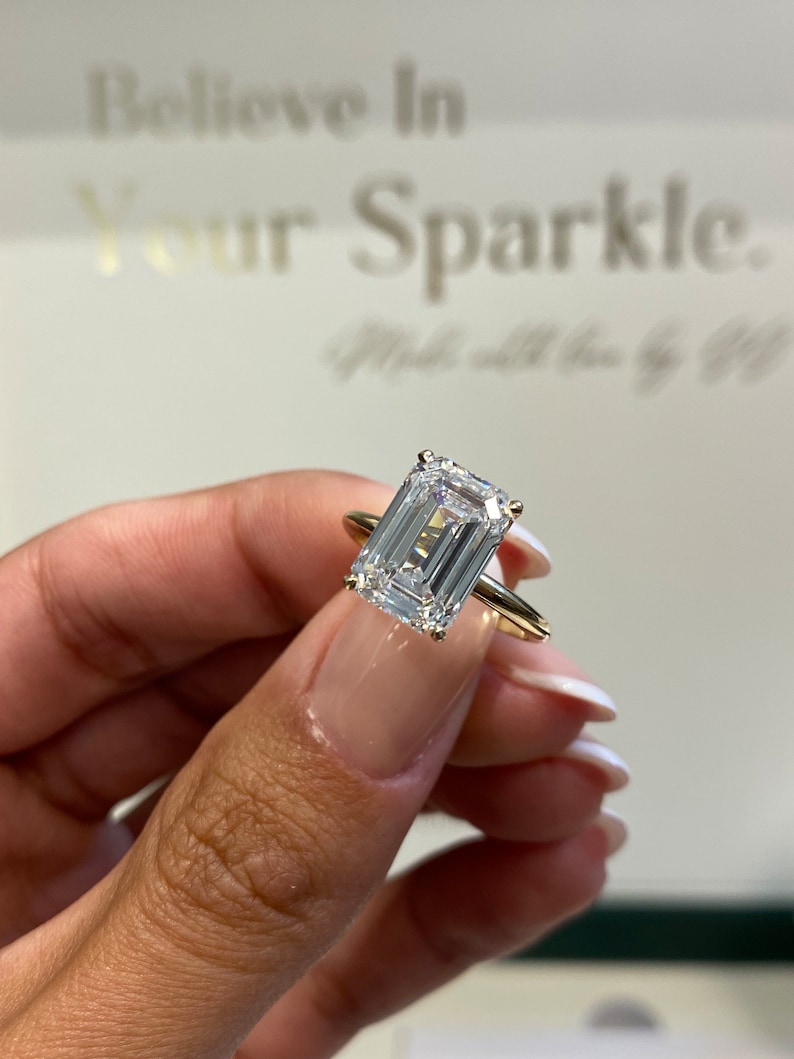 Diamond Solitaire Engagement Ring, 4.5 Ct IGI Certified E/VVS2 Emerald Cut Lab Diamond, 14k Yellow Gold Ring, SPLENDID 4 Prong Set Ring