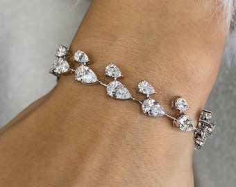 Real 14k White Gold Tennis Bracelet, 15.86 Carat D-E/VVS2 Clarity, Pear Cut Lab Grown Diamond, Prong Set Bridal Bracelet