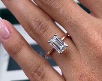 Emerald Cut Diamond Engagement Ring, Real 14k Rose Gold Solitaire Set Ring, 2 Carat IGI Certified E/VS1 Lab Grown Diamond, 25th Anniversary