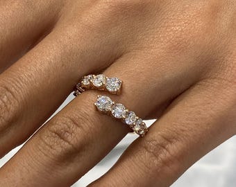 Round Cut Lab Grown Diamond Bypass Ring, 14k Rose Gold, 1.64 Carat E/VVS2, Shared-Prong Set, Solid Gold Jewelry, Ring for Women
