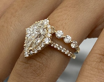 Conjunto de anillos de compromiso con diamantes en forma de pera de 3,4 ct en oro de 14 quilates, anillos de compromiso con halo y diamantes cultivados en laboratorio E/VVS2 con certificación IGI.