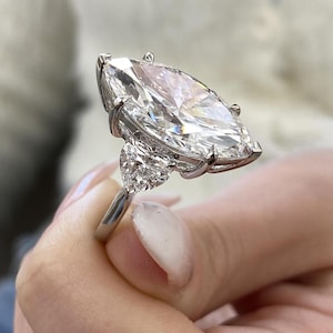 Marquise Cut Diamond Engagement Ring, 18K White Gold Three Stone Ring, Certified 12.15ct D/VVS2 Lab Created Diamond, Wedding Jewelry