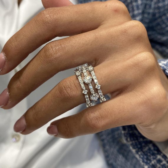 14K White Gold Ring, Round Cut Diamond 3 Row Ring Ring, 1.8ct E/VVS2 Lab Created Diamond, Eco Friendly Diamond, Anniversary Gift