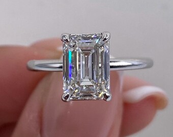 Real 14k White Gold Engagement Ring, 2 Ct IGI CERTIFIED E/VVS2 Lab Grown Diamond Emerald Cut Proposal Ring, Wedding Anniversary Gift