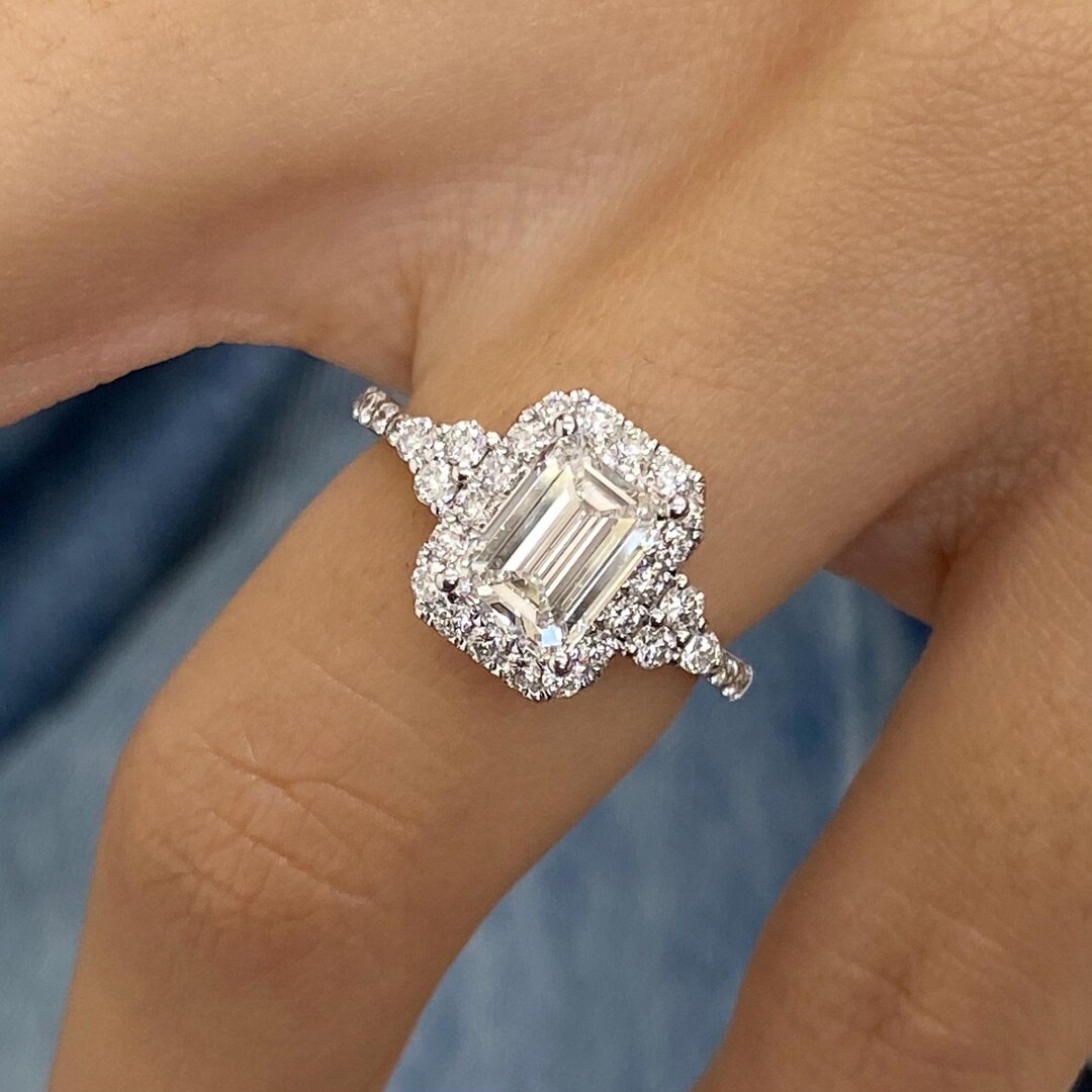 Diamond Halo Set Engagement Ring, Ct Emerald Cut Lab Grown