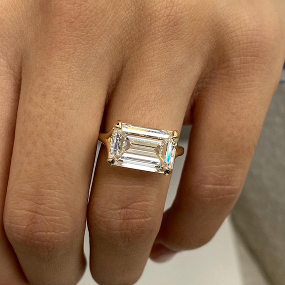 5ct Diamond Engagement Ring, Solitaire Emerald Cut Lab Grown Diamond E/VVS2 IGI Certified, East-West Setting in Solid 14k Yellow Gold
