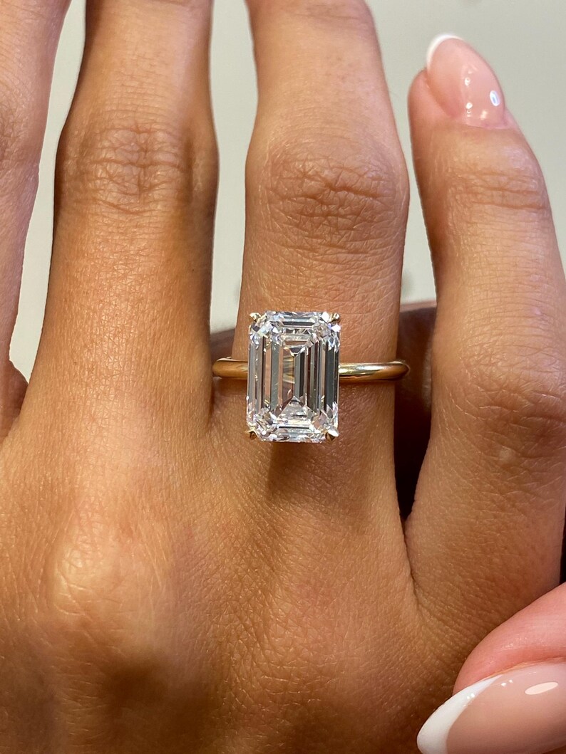 Diamond Solitaire Engagement Ring, 4.5 Ct IGI Certified E/VVS2 Emerald Cut Lab Diamond, 14k Yellow Gold Ring, SPLENDID 4 Prong Set Ring