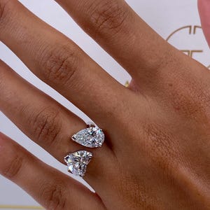 14k White Gold Open Style Ring, 6 Carat IGI Certified E/VVS2 Pear and Heart Shape Lab Diamond Ring, Prong Set Engagement Ring