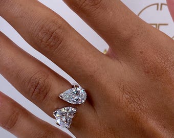 14k White Gold Open Style Ring, 6 Carat IGI Certified E/VVS2 Pear and Heart Shape Lab Diamond Ring, Prong Set Engagement Ring