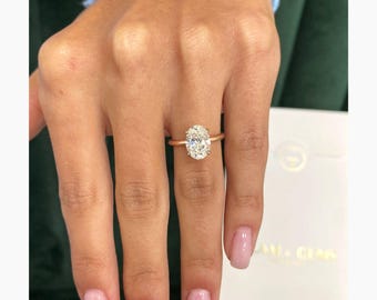 Anello di fidanzamento con diamante di laboratorio certificato IGI E/VVS2, anello con diamante taglio ovale, anello con alone nascosto, anello di proposta, 2,10 carati