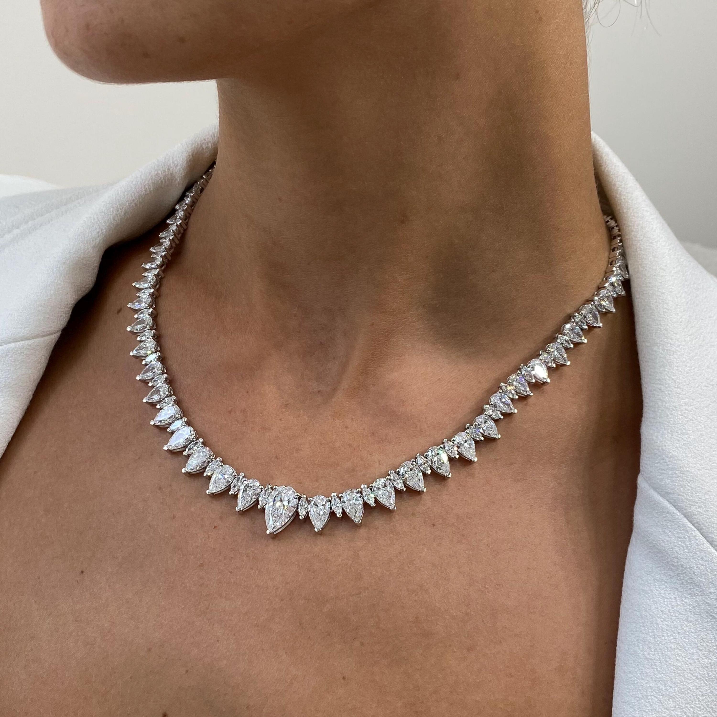 Luxurious 14k White Gold Diamond Tennis Necklace, 33.13 Ct Lab Grown Diamonds, E/VVS2 Certified Marquise & Pear Cut, Elongated Diamond
