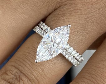 Engagement Rings Set 14K White Gold 3.56ct IGI Certified E/VVS2 Marquise Cut Lab Created Diamond 2-Prong Setting Round Side Stones Cut