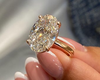 Huge Oval Cut Lab Diamond Solitaire Ring, 5 Carat Certified E/VVS2 Lab Created Diamond, Solid 14k Rose Gold Engagement Ring, Proposal Ring