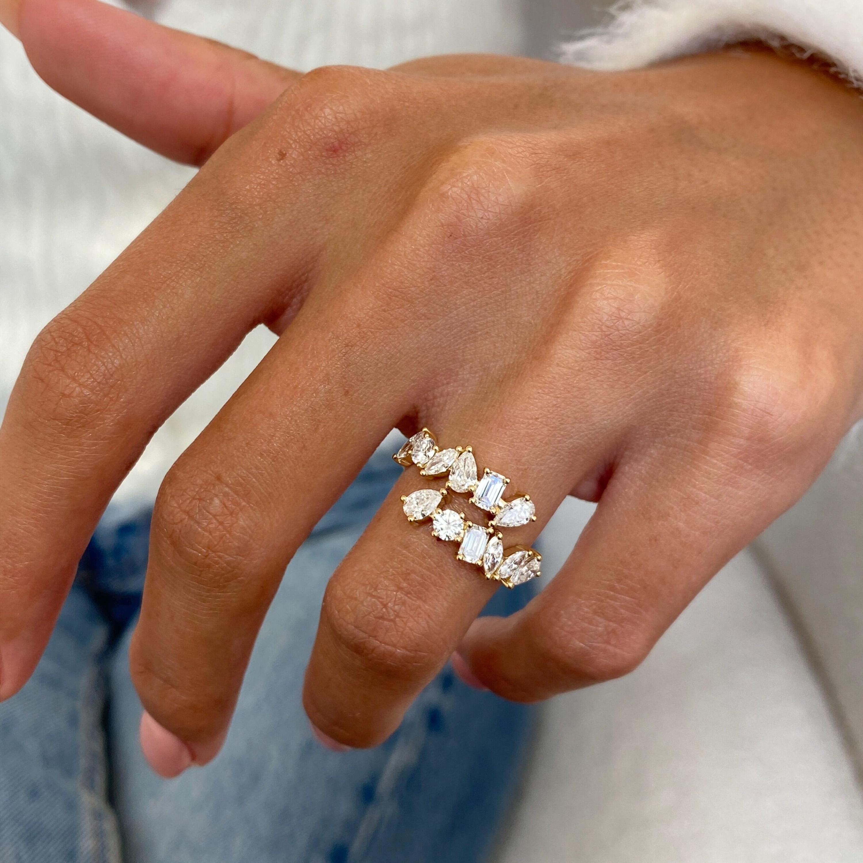 14K Yellow Gold Ring, Pear Marquise Emerald Round Cut Diamond Open 