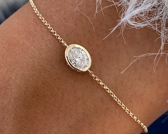 Solid 14K Yellow Gold Bracelet, Oval Cut Diamond  Chain Bracelet, Certified 0.5ct E/VVS2 Lab Created Diamond, Gift for Anniversary
