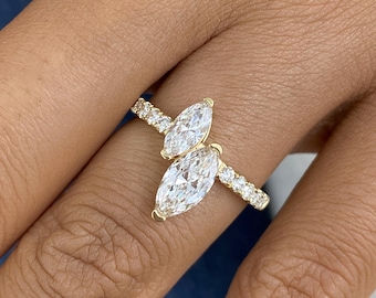 14K Yellow Gold Ring, Marquise & Round Cut Diamond 2 Stone Ring, 1.5ct E/VVS2 Lab Created Diamond, Eco Friendly Diamond, Anniversary Gift