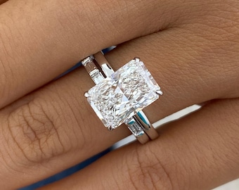 Bridal Set Rings Set 14K White Gold 3.46ct IGI Certified E/VVS2 Radiant Cut Lab Created Diamond 4-Prong Setting Round,Baguette Side Stones