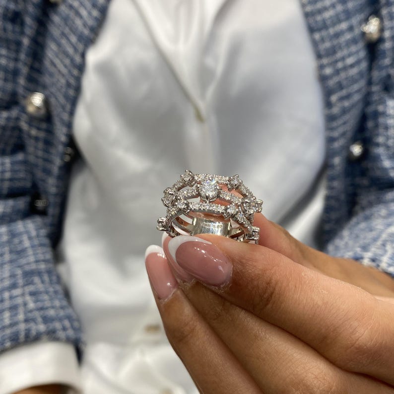 Solid 14K White Gold Ring, Round Cut Diamond 3 Row Ring, 1.75ct E/VVS2 Lab Created Diamond, Eco Friendly Diamond, Gift for Women