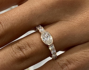 1.25 Ct Diamond Stackable Ring, Solid 14k Rose Gold, Certified E/VVS2 Oval & Round Cut Lab Created Diamond, Bezel Prong Set, Luxury Jewelry