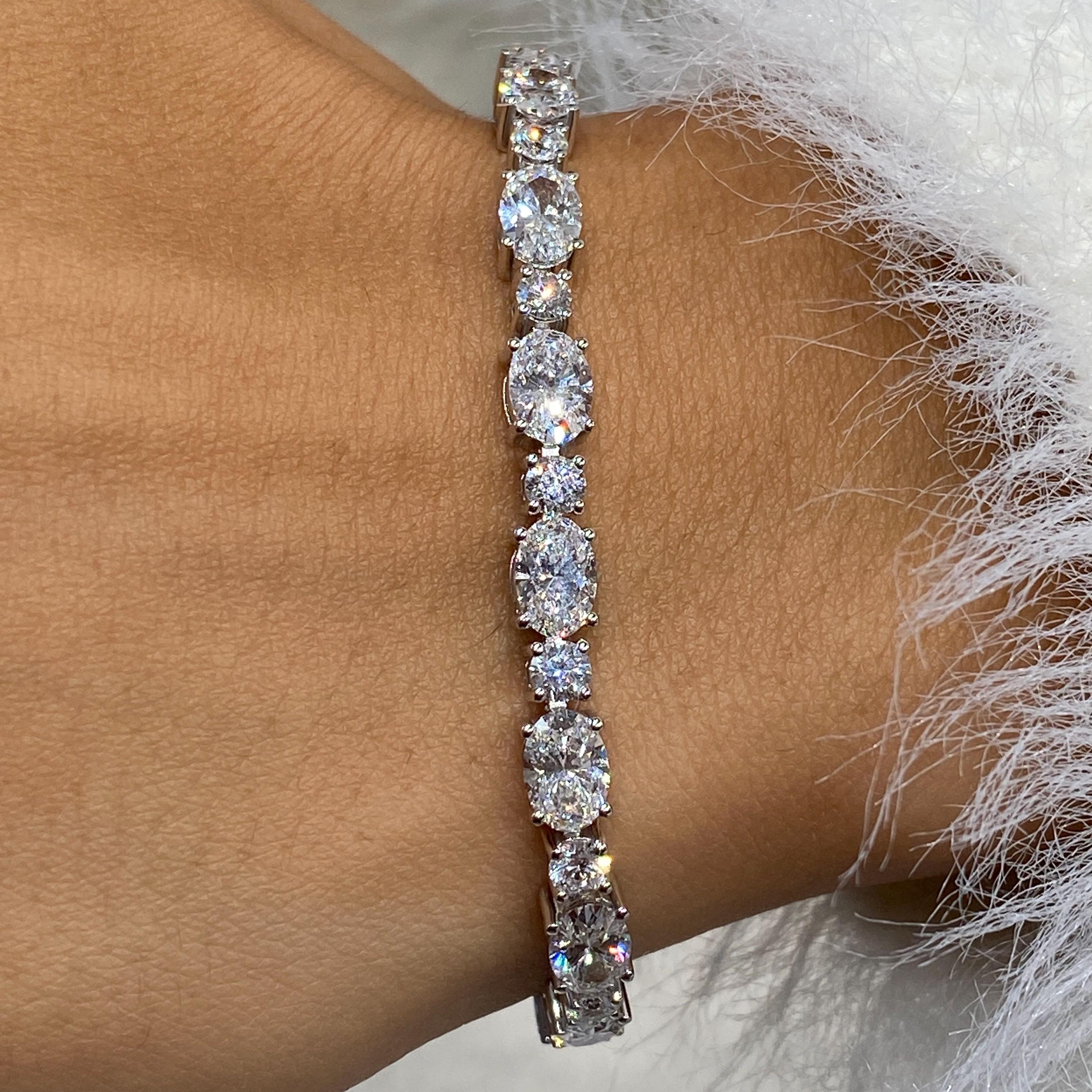 Oval and Round Cut Diamond Tennis Bracelet, 14k White Gold Prong Setting, 11.61 Carat Lab Created Diamond E/VVS2 Clarity, Bridal Jewelry