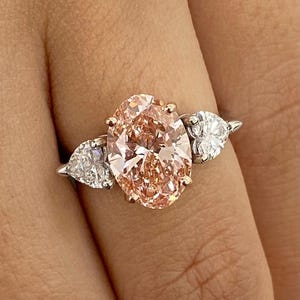 3.15 Ct Oval Fancy Brownish Pink Diamond Engagement Ring, Three Stone Set Ring in 14k White Gold, Certified VS1 Lab Grown Diamond, Women