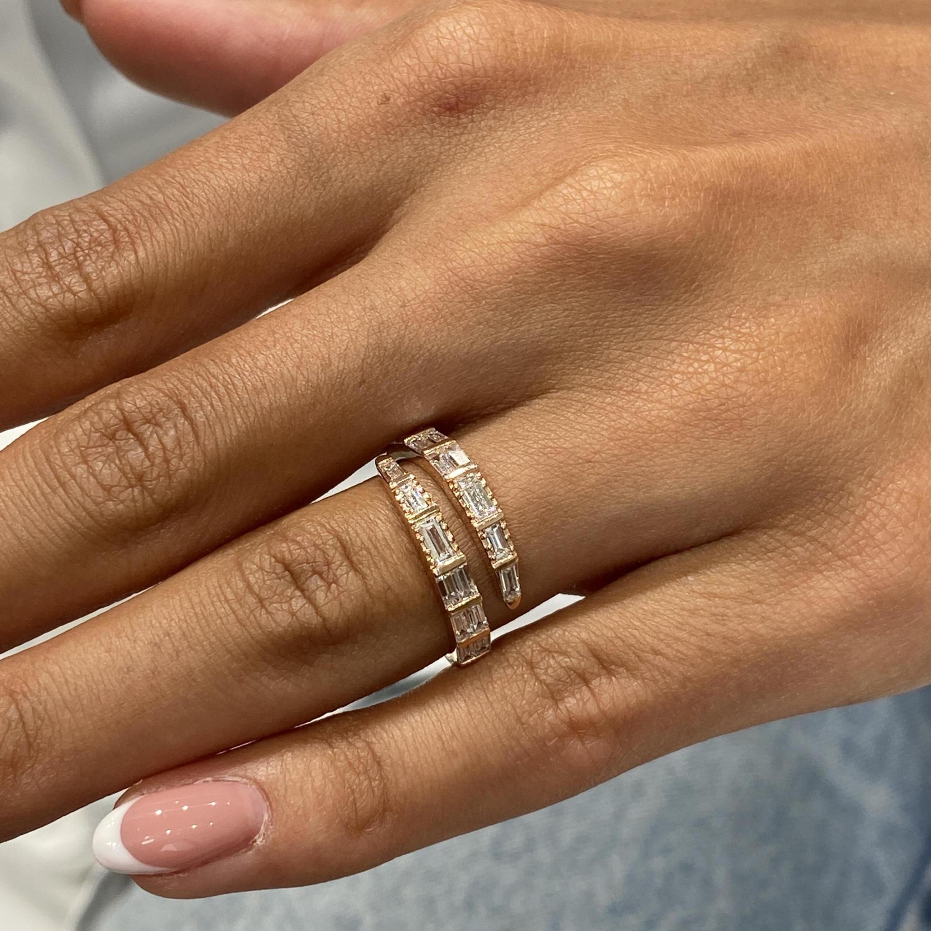 14K Rose Gold Ring, Baguette Cut Diamond Open Band Ring, 1ct E/VVS2 Lab ...
