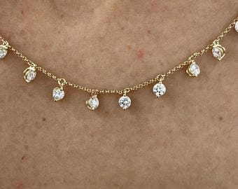 2.24 Ct Diamond Chain Station Necklace, 14k Yellow Gold, Round Cut Lab Created Diamond E/VVS2 Clarity, Prong Setting, Necklace for Women