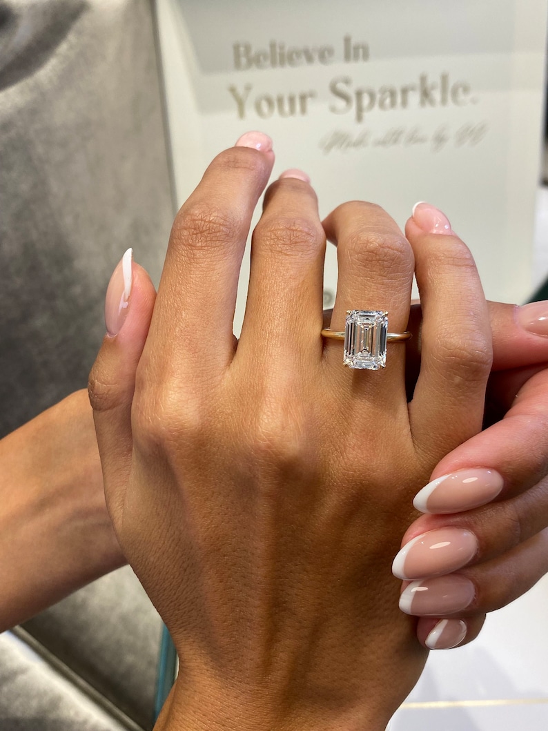 Diamond Solitaire Engagement Ring, 4.5 Ct IGI Certified E/VVS2 Emerald Cut Lab Diamond, 14k Yellow Gold Ring, SPLENDID 4 Prong Set Ring