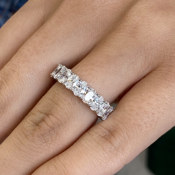 14k White Gold Ring, Diamond Wedding Band, 3.93 Ct Oval Cut Diamond Prong Set, Eternity Band Ring, Certified D-E/VVS-VS1 Lab Grown Diamond
