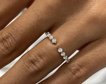 Unique Lab Grown Diamond Open Stacking Ring, 14k White Gold,  0.45 Ct E/VVS2 Round Cut Diamond, Prong Setting, Modern Half Eternity Band