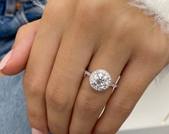 Lab Grown Diamond Engagement Ring, Real 14k White Gold Halo Set Bridal Ring, 2.05 Carat Round Cut Diamond, IGI Certified E/VS1 Clarity