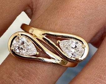 14K Yellow Gold Ring, Pear Cut Diamond Two Stone Ring, 1.1ct E/VVS2 Lab Created Diamond, Eco Friendly Diamond, Anniversary Gift