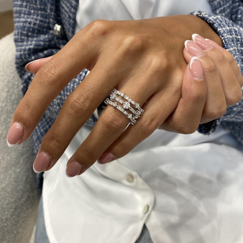 Solid 14K White Gold Ring, Round Cut Diamond 3 Row Ring, 1.75ct E/VVS2 Lab Created Diamond, Eco Friendly Diamond, Gift for Women
