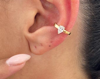 Diamond Cuff Single Earring, 0.28 Ct Pear Cut Lab-Created Diamond, Solid 14k Yellow Gold, E Color / VVS2 clarity, Timeless Earring for Women