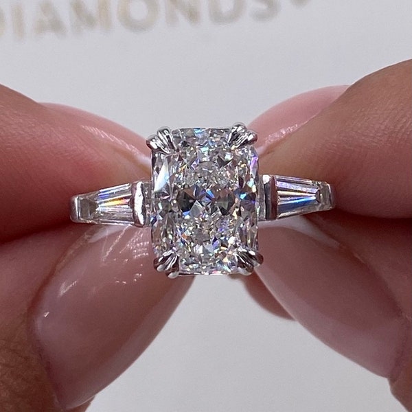 14k White Gold Three Stone Set Ring for Women, 3.65 Carat IGI Certified E/VS1 Cushion Cut Lab Diamond Engagement Ring