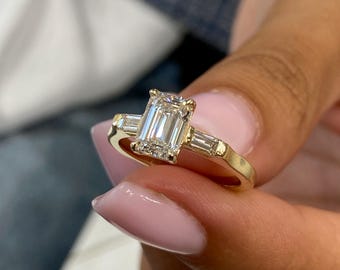 Three Stone Diamond Engagement Ring, 1.20 Ct Emerald Cut Lab Grown Diamond, IGI Certified E/VVS2 Clarity, 14k Gold, Elegant Anniversary Gift