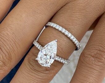 Solides 14K Weißgold, Diamant im Tropfenschliff, Brautring-Set, 3,3 Karat E / VVS2 Lab made Diamant, umweltfreundlicher Diamant, Brautring