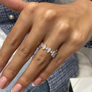 14K White Gold Ring, Marquise & Round Cut Diamond Band Ring, 1.3ct E/VVS2 Lab Created Diamond, Eco Friendly Diamond, Anniversary Gift