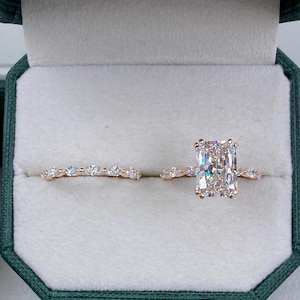 14k Rose Gold Ring Engagement Ring, 4.45ct Certified E/VVS2 Radiant Cut Lab Grown Diamond Hidden Halo Ring, Marquise Matching Band Ring
