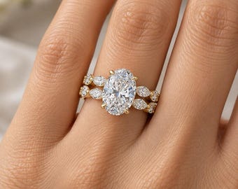 Diamond Bridal Ring Band Set IGI Certified E VVS2 Oval 5.65 carat Lab Grown Solid 14K Yellow Gold Marquise And Round Side Stones