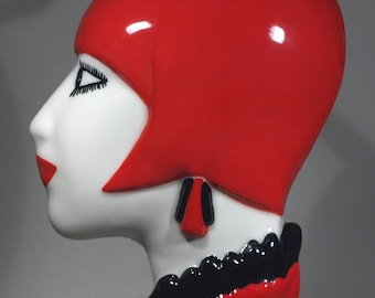 Echo of Deco British Art Pottery Art Deco Inspired Flapper Girl Wall Mask / Plaque Ornament