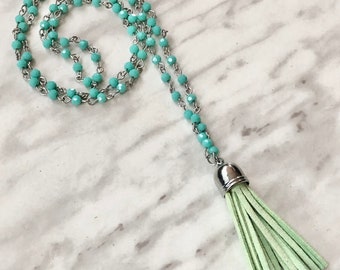 Turquoise Gemstone Tassel Necklace - Crystal Necklace - Mala - Long Layering Necklace - Boho Jewelry - Yoga - Meditation - Gift
