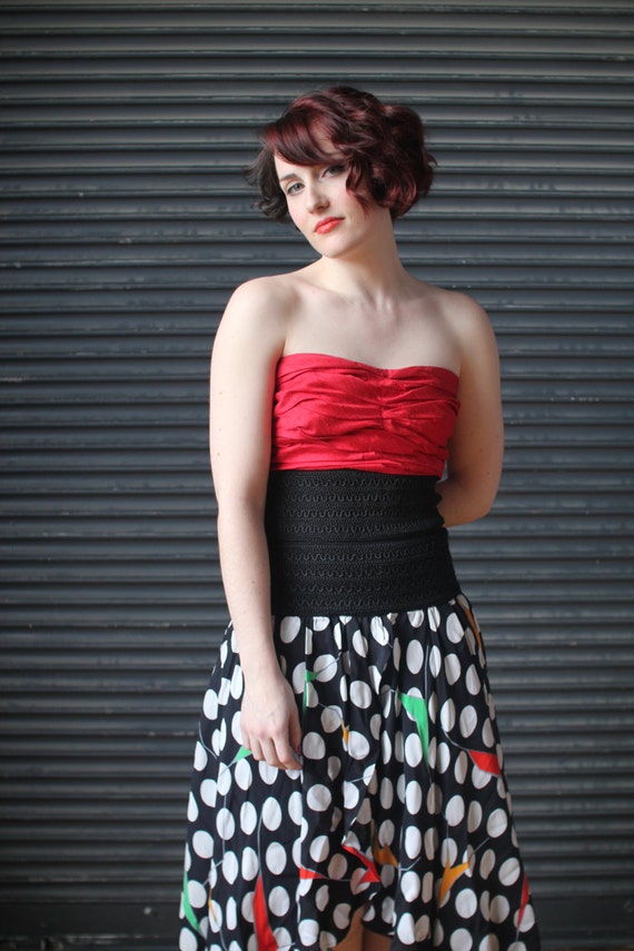 Vintage strapless silk and lace polka dot dress, … - image 2