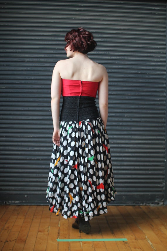 Vintage strapless silk and lace polka dot dress, … - image 3