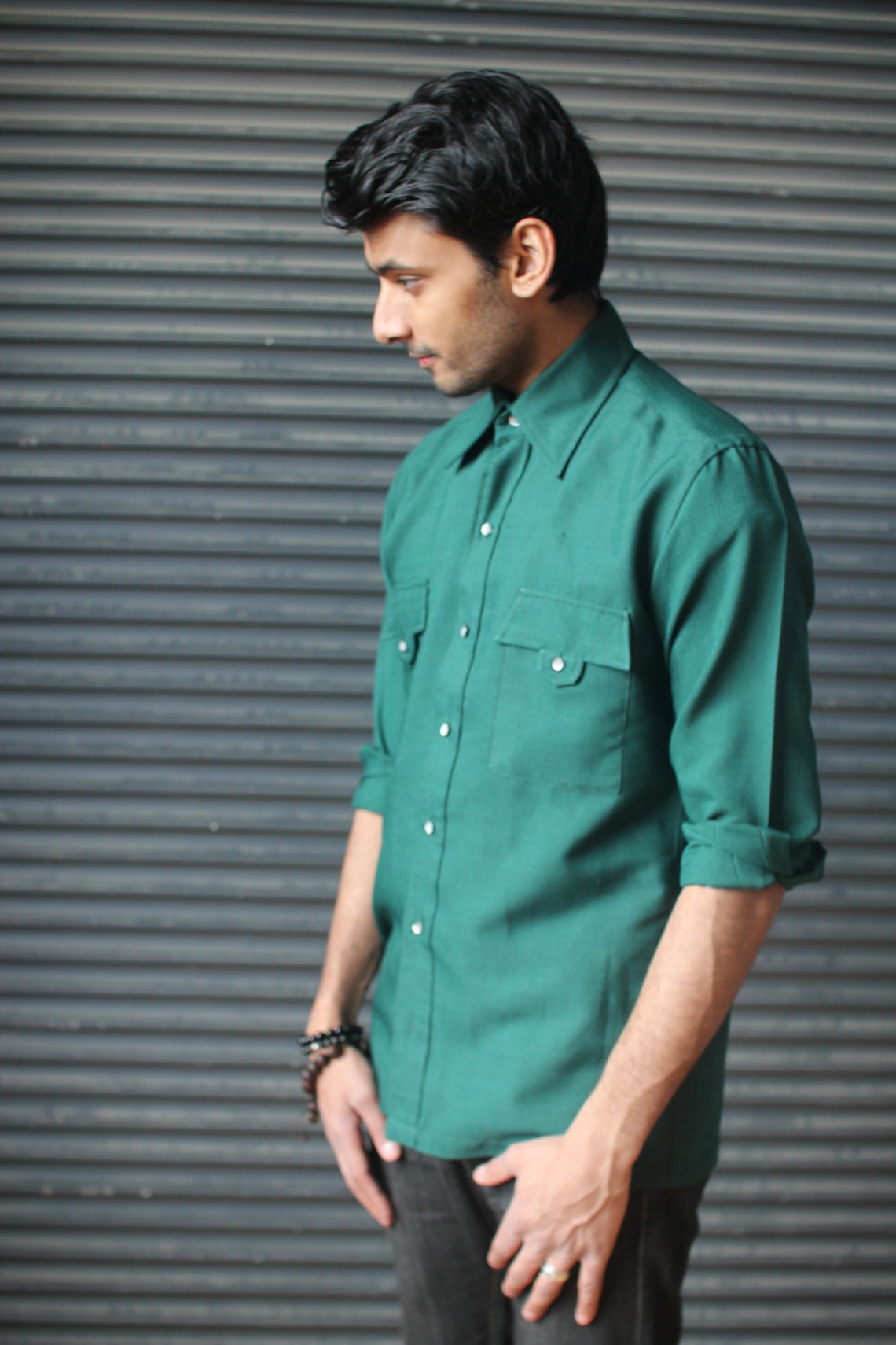 Vintage forest green mens shirt in textured polyester Pierre Etsy