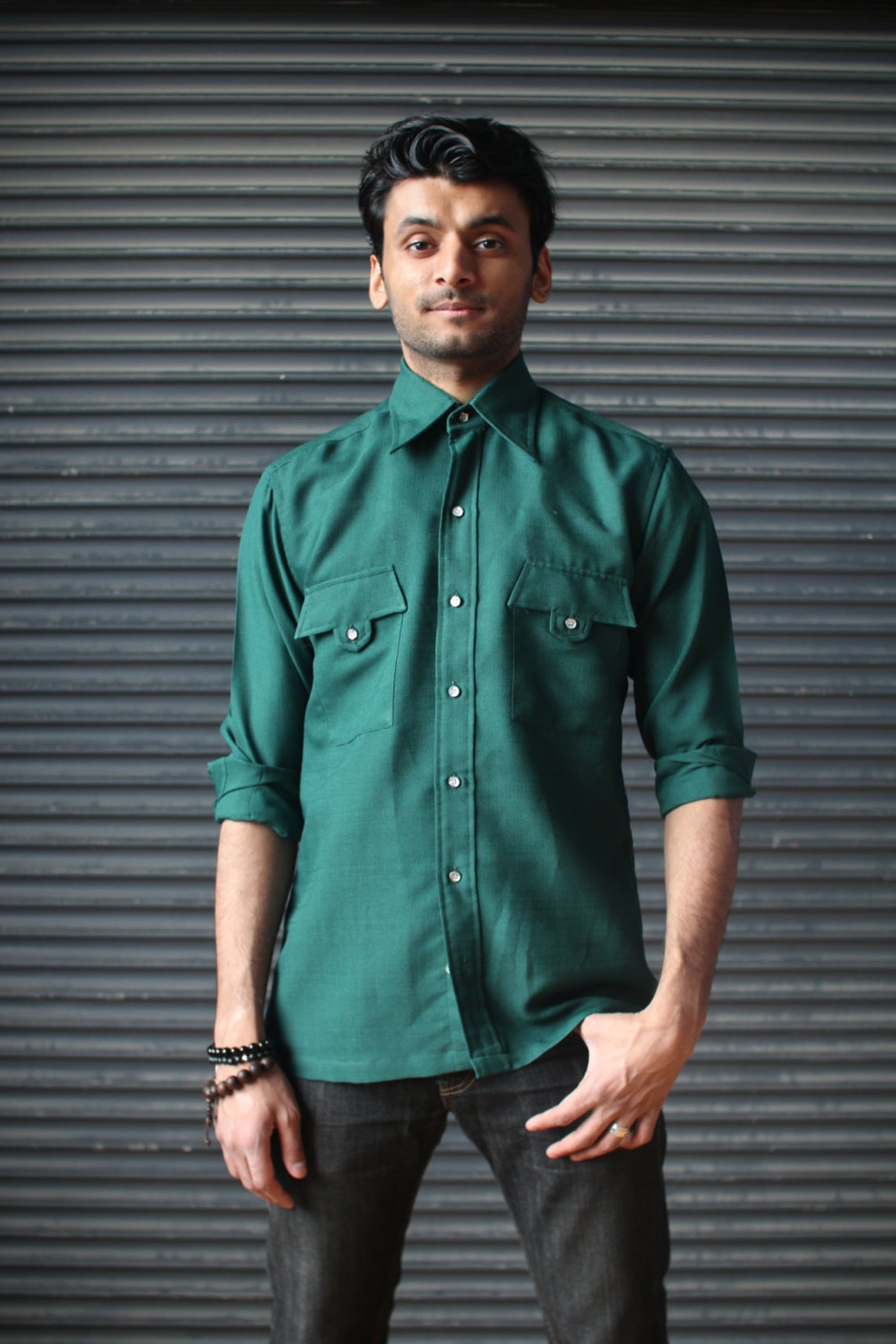 Vintage forest green mens shirt in textured polyester Pierre Etsy