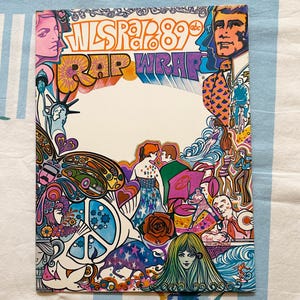 May include: A colorful, vintage-style print with the words "WLS Rap 89" and "Rap Wrap" in orange and blue. The artwork features psychedelic imagery, including portraits, peace signs, and couples, with a white central space.