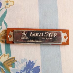 May include: A silver harmonica with a wooden case. The harmonica has the words "Gold Star" and "Made in Japan" printed on it.